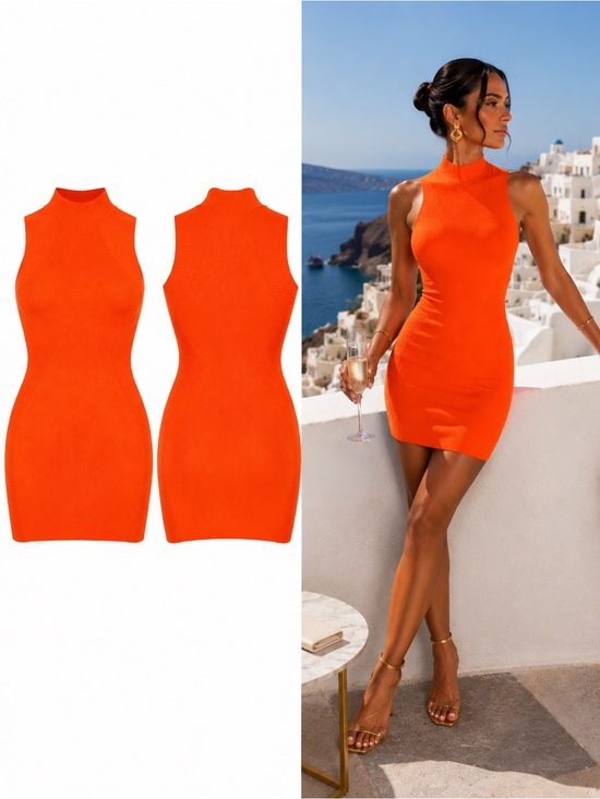 AKIRA Dresses & Skirts - AKIRA Make Me Hot Orange Ribbed Knit Bodycon Mini Dress Mock Neck Size M NWOT